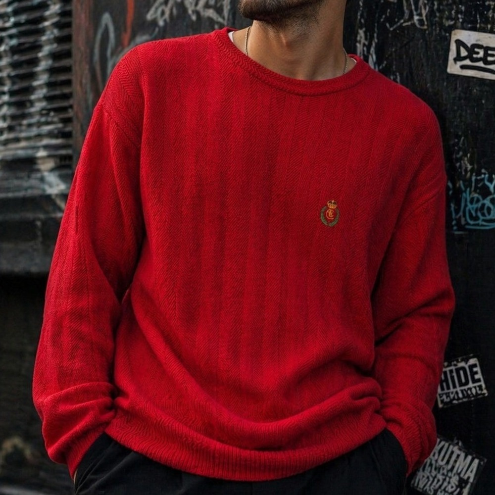 Chaps Ralph Lauren Mens Red Herringbone Knit Cotton Crewneck Sweater Large